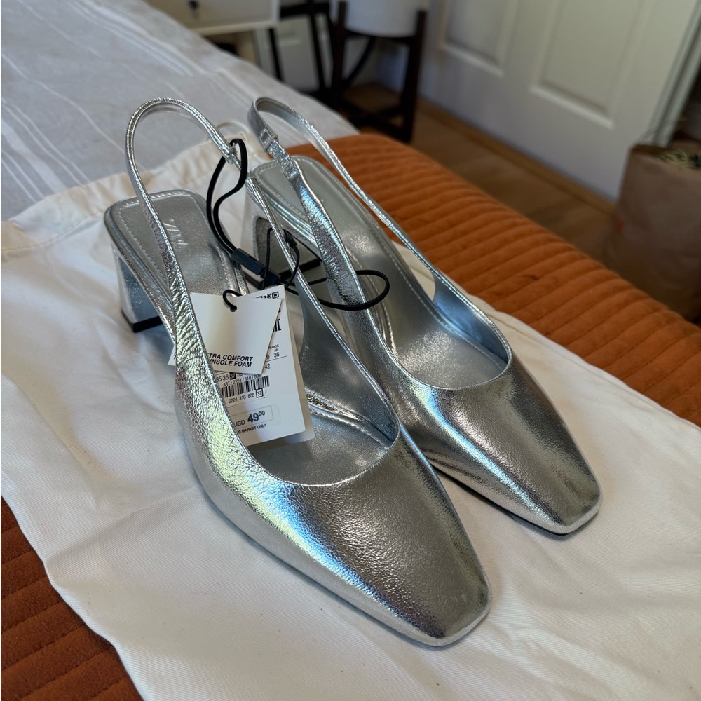Zara Metallic Silver Slingback Heels